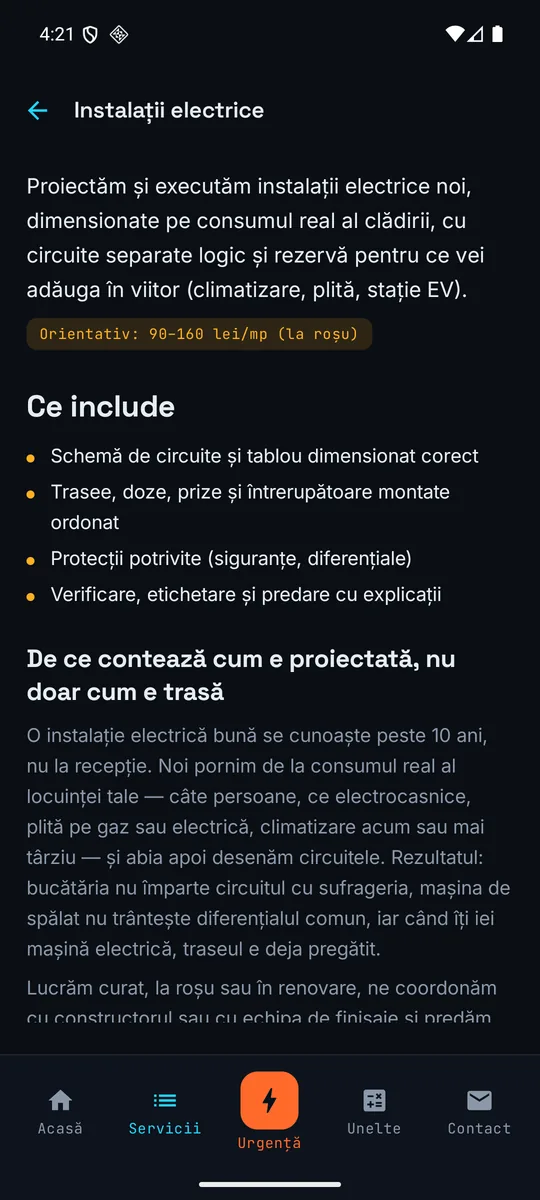 Pagina unui serviciu, cu aceleași texte și prețuri ca pe site