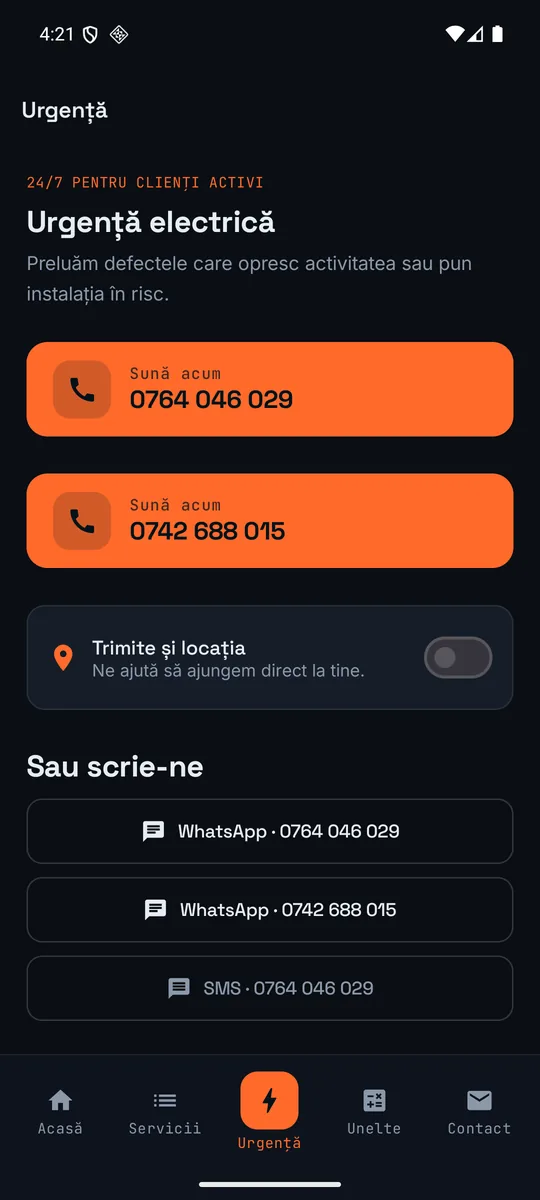 Ecranul de urgență, cu apel direct și WhatsApp pe ambele numere